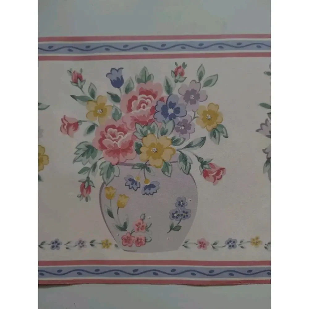 Pre-pasted Decorative Wall Border - Vases with Flowers - Pink Purple Yellow 5 yd